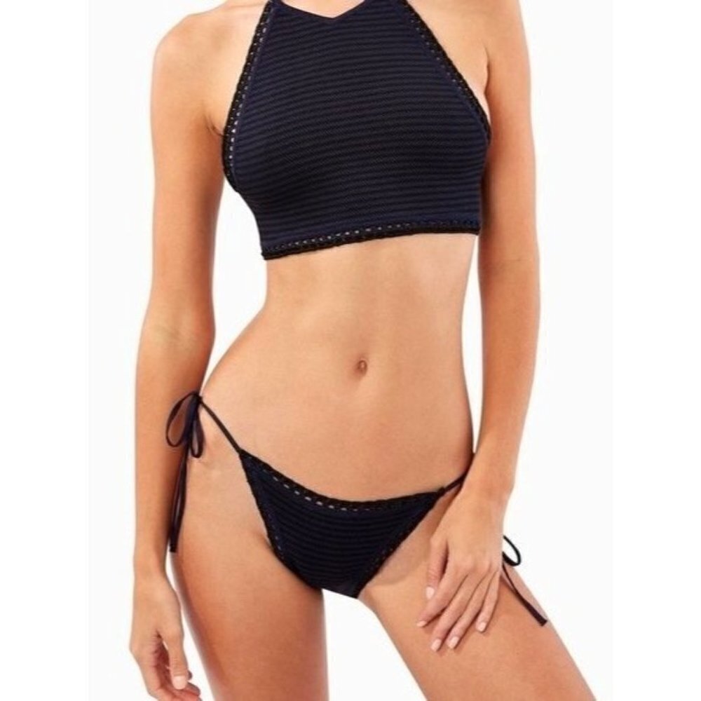 Solid & Striped Navy Blue Black Knit Crochet Tie Side The Clara Bikiniโ Bottom S